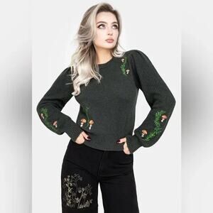 Disturbia Fable Forest Green Mushroom Embroidered Fairy Pullover Sweater SZ M